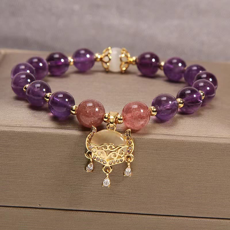 KarmaRipple's Authentic Amethyst Strawberry Quartz Cat Eye Chinese Lock Talisman Balancing Bracelet p1