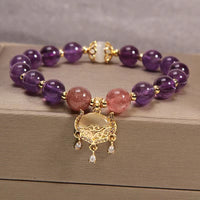 KarmaRipple's Authentic Amethyst Strawberry Quartz Cat Eye Chinese Lock Talisman Balancing Bracelet
