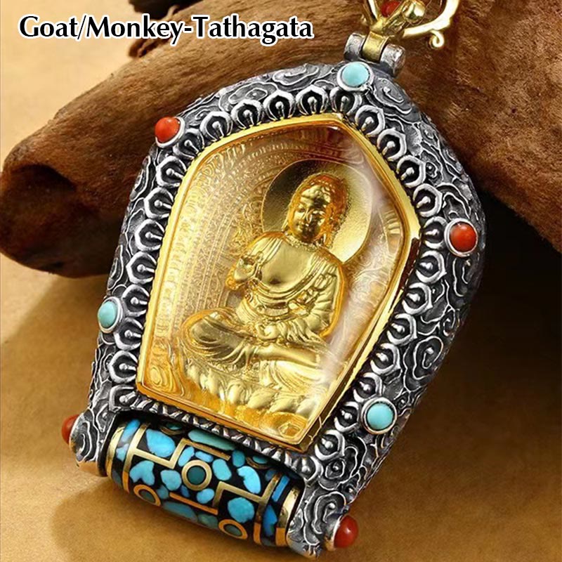 KarmaRipple's Tibet Chinese Zodiac Natal Buddha Thangka Prosperity Rotatable Dzi Bead Pendant Necklace p25