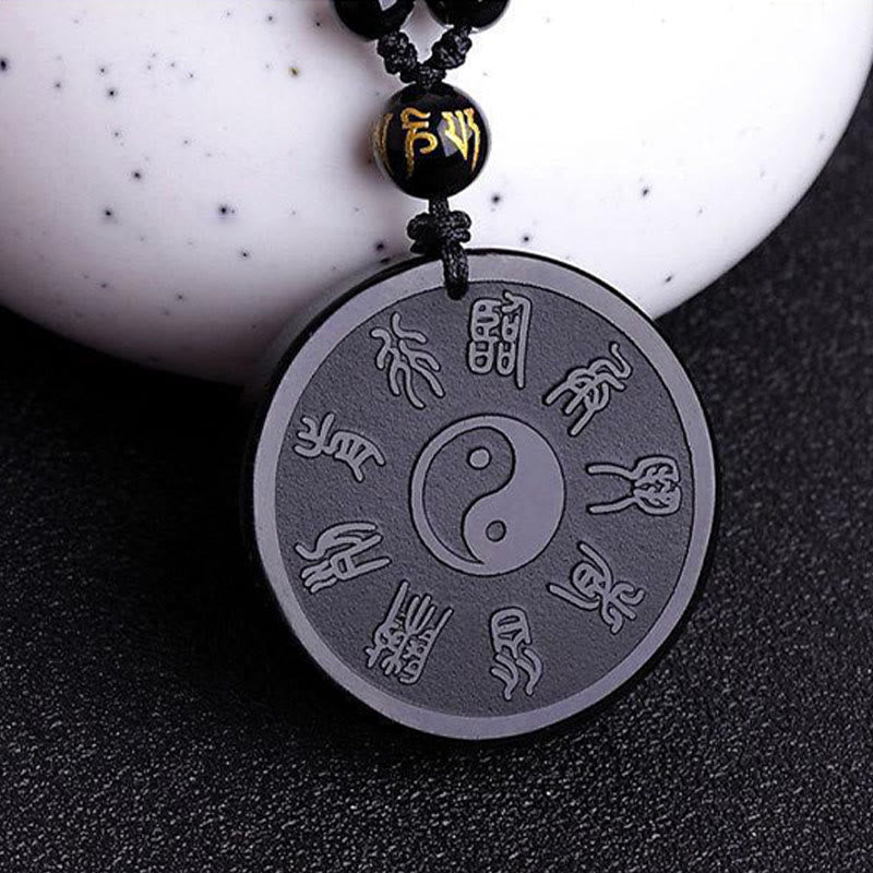 KarmaRipple's Authentic Black Obsidian Taoism Five Sacred Mountains Nine-Character Mantra Carved Strength Yin Yang Pendant Necklace Key Chain p7