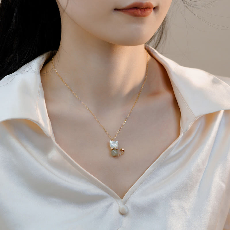KarmaRipple's 14K Gold Plated Pearl Hetian Jade Shell Fortune Cat Kitten Pendant Necklace p7