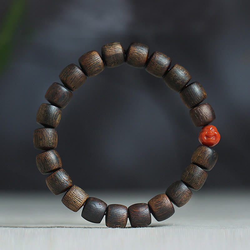 KarmaRipple's Nha Trang Rare Bai Qinan Agarwood Cyan Jade Red Agate Laughing Buddha Tibetan Bone Strength Meditation Bracelet p42