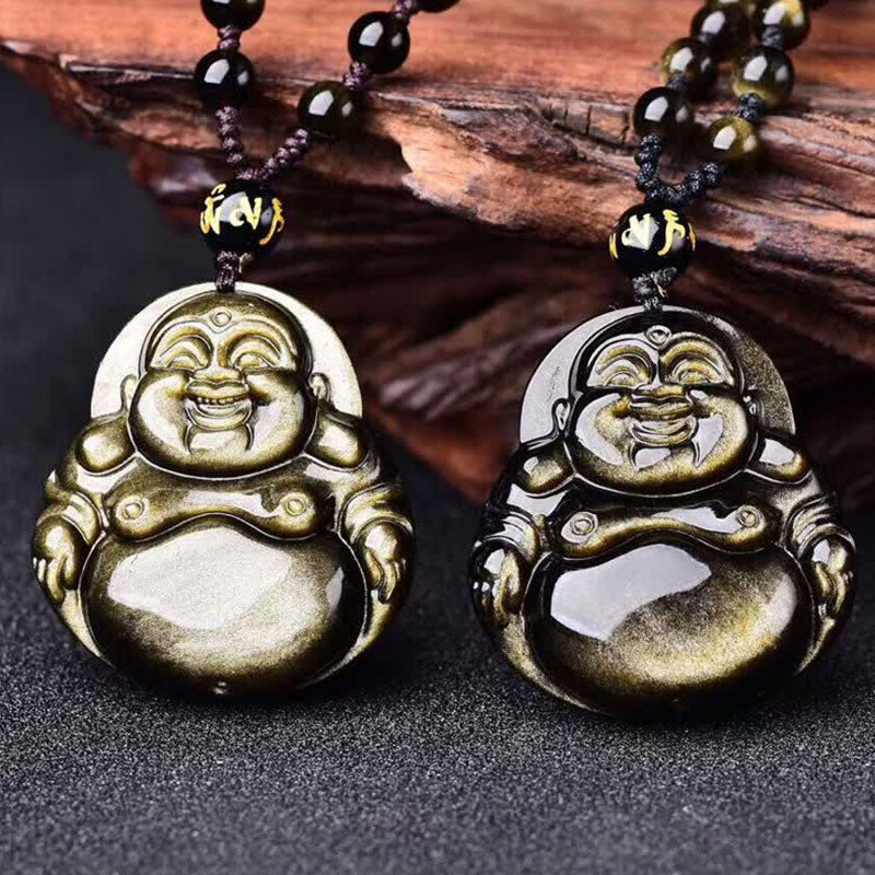 KarmaRipple's Laughing Buddha Gold Sheen Obsidian Wealth Pendant Necklace p3