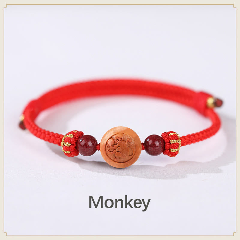 KarmaRipple's Authentic Peach Wood Chinese Zodiac Fu Character Carved Cinnabar Wealth Bracelet p7