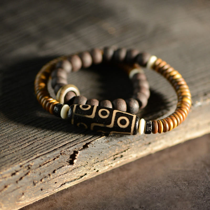 KarmaRipple's Tibetan Nine-Eye Dzi Bead Green Sandalwood Ebony Wood Peace Double Wrap Bracelet p4