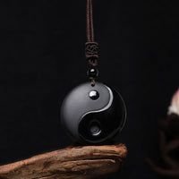 KarmaRipple's Black Obsidian Taoism Five Sacred Mountains Nine-Character Mantra Carved Purification Yin Yang Pendant Necklace