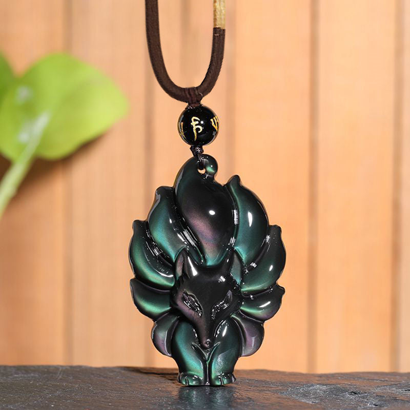 KarmaRipple's Authentic Rainbow Obsidian Gold Sheen Obsidian Nine Tailed Fox Positive Pendant Necklace p23