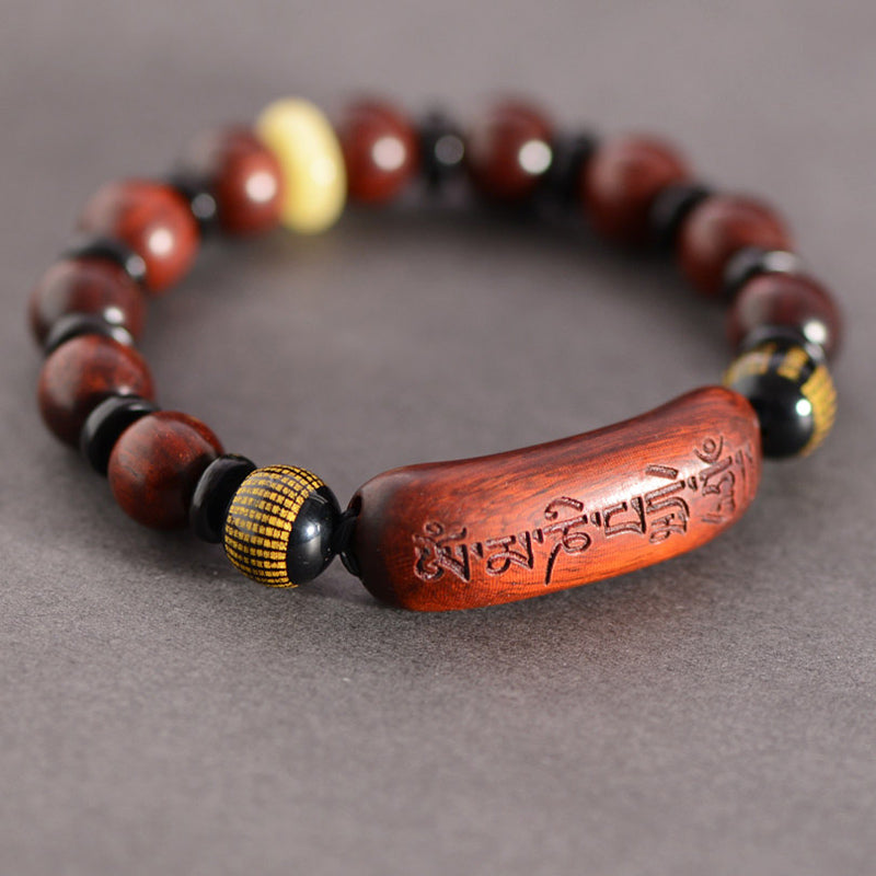 KarmaRipple's Small Leaf Red Sandalwood Om Mani Padme Hum Engraved Protection Bracelet p16