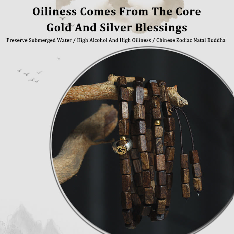 KarmaRipple's Tarakan Rare Agarwood 925 Sterling Silver Chinese Zodiac 999 Pure Gold Beadwork Ward Off Evil Spirits Bracelet p9