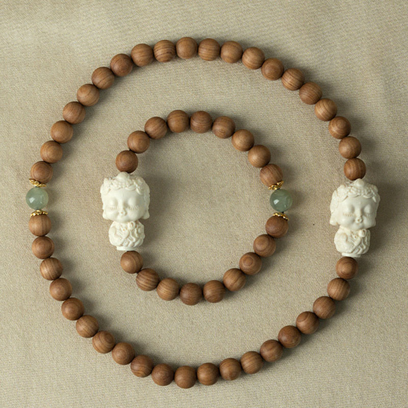 KarmaRipple's Sandalwood Hetian Jade Ivory Fruit Green Tara Protection Bracelet p4