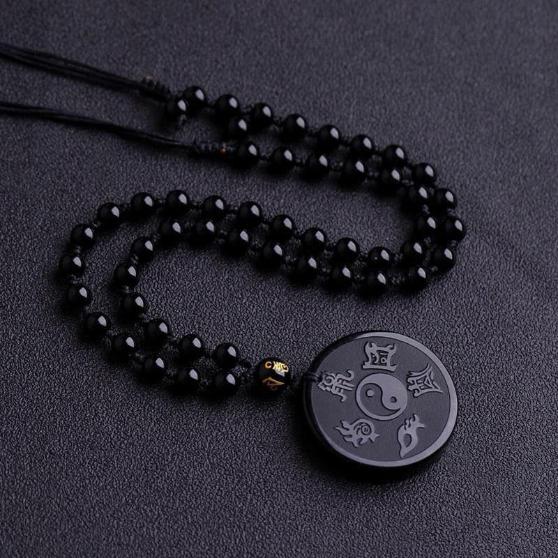 KarmaRipple's Authentic Black Obsidian Taoism Five Sacred Mountains Nine-Character Mantra Carved Strength Yin Yang Pendant Necklace Key Chain p12