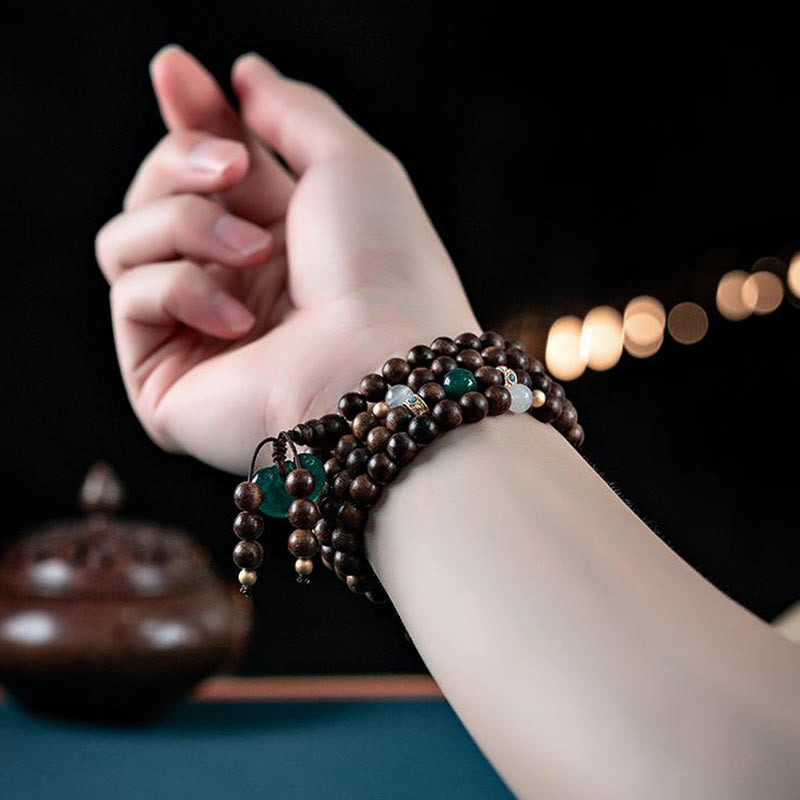 KarmaRipple's 108 Mala Beadwork Kalimantan Agarwood Laughing Buddha Peace Buckle Red Agate Jade Strength Bracelet p15