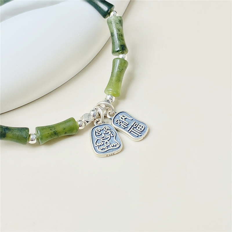 KarmaRipple's 925 Sterling Silver Bamboo Jade Fortunate Cat Fu Character Fortune Abundance Bracelet p3