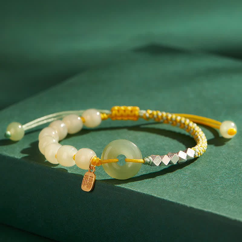KarmaRipple's 925 Sterling Silver Hetian Jade Peace Buckle Beaded Fortune Happiness Talisman Bracelet p23
