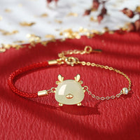 KarmaRipple's 925 Sterling Silver Year of the Dragon Authentic Hetian Jade Red Agate Cute Dragon Protection Success Bracelet Pendant Necklace Earrings