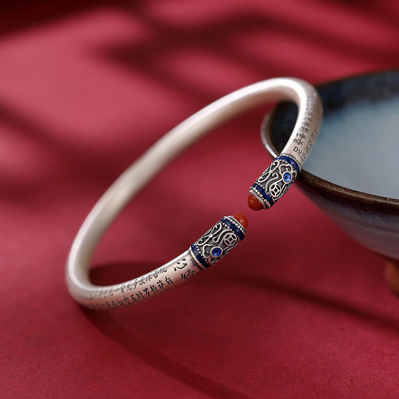 KarmaRipple's 999 Sterling Silver Heart Sutra Engraved Red Agate Protection Bracelet Bangle p2