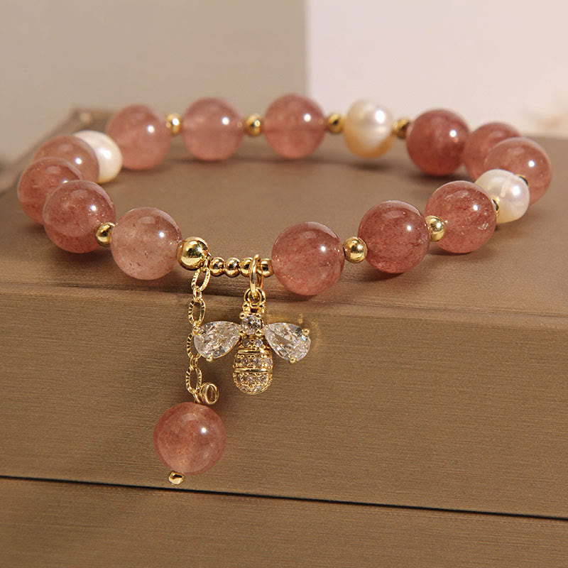 KarmaRipple's Strawberry Quartz Pearl Cute Zircon Honeybee Positive Talisman Bracelet p5