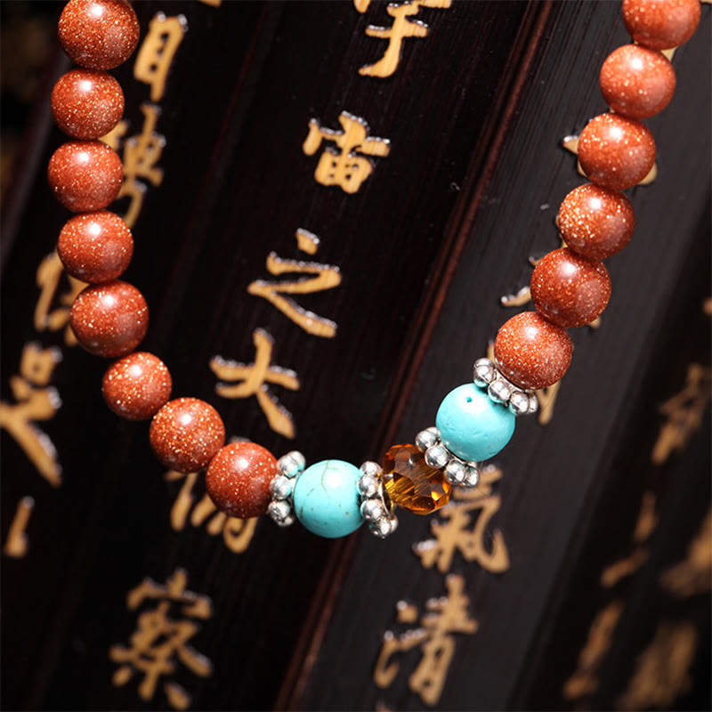 KarmaRipple's 108 Mala Beadwork Goldstone Om Mani Padme Hum Swastika Confidence Bracelet p5