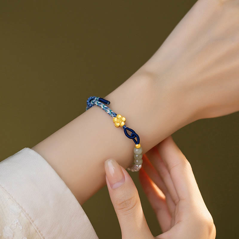 KarmaRipple's 925 Sterling Silver Hetian Jade Peach Blossom Flower Pearl Woven Fortune Bracelet p7