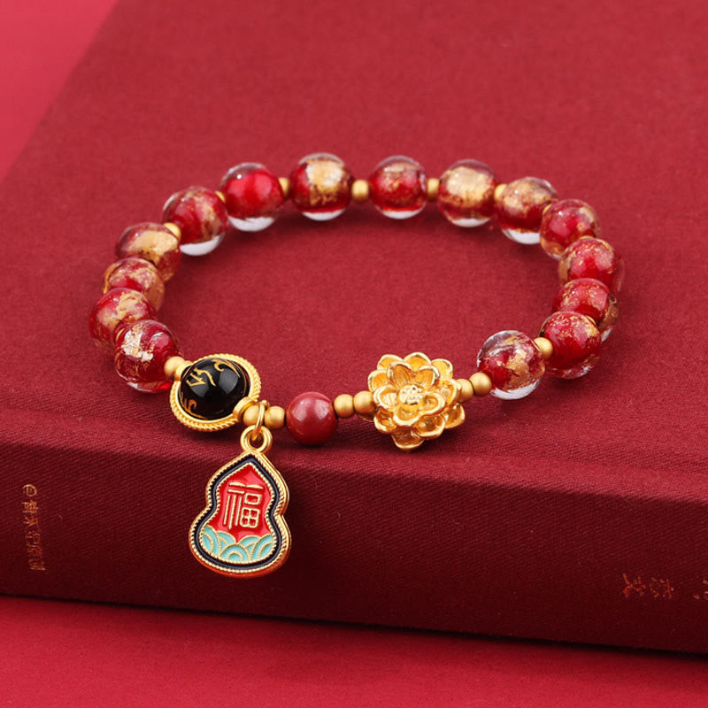 KarmaRipple's Tibet Om Mani Padme Hum Fu Character Gourd Talisman Lotus Liuli Glass Bead Fortune Bracelet p19
