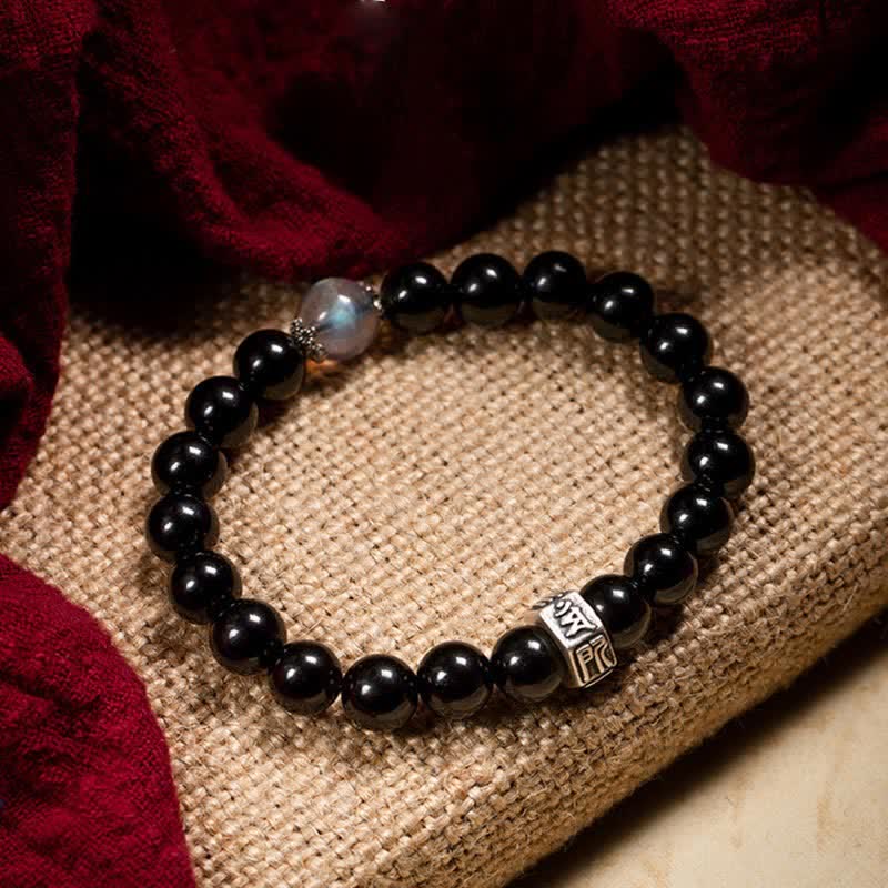 KarmaRipple's Chinese Zodiac Natal Buddha 925 Sterling Silver Black Obsidian Moonstone Strength Bracelet p34