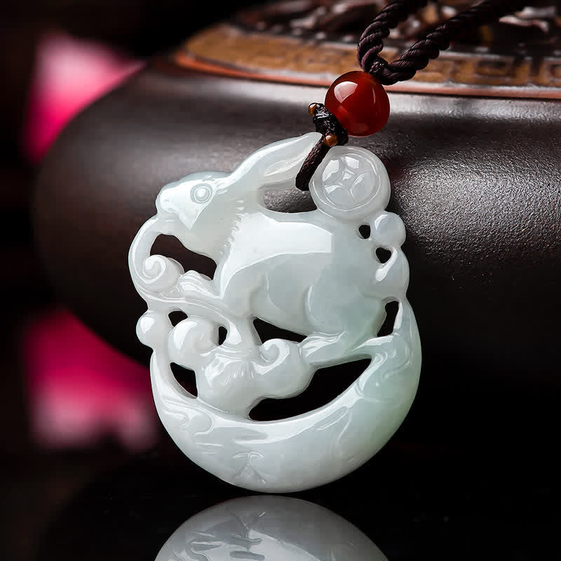 KarmaRipple's Year of the Rabbit Ivory Jade Crescent Moon Protection Pendant Necklace p1