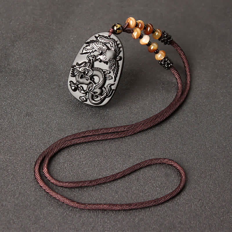 KarmaRipple's Black Obsidian Tiger Eye Dragon Phoenix Protection Beaded Pendant Necklace p16
