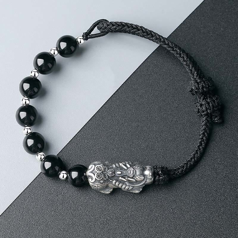 KarmaRipple's 999 Sterling Silver FengShui PiXiu Authentic Black Obsidian 925 Sterling Silver Bead Strength Bracelet p9