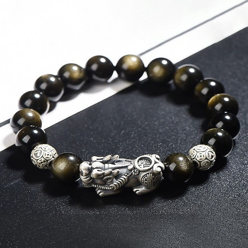 KarmaRipple's 925 Sterling Silver Authentic Gold Sheen Obsidian PiXiu Wealth Protection Bracelet p4
