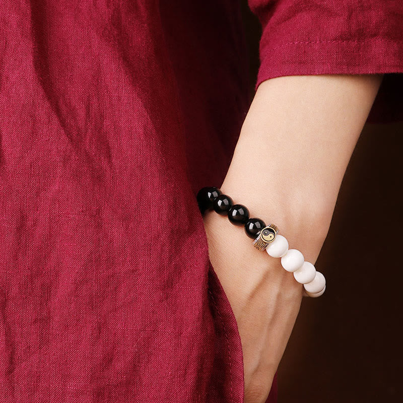 KarmaRipple's 925 Sterling Silver Black Obsidian Ivory Shell Yin Yang Strength Bracelet p14