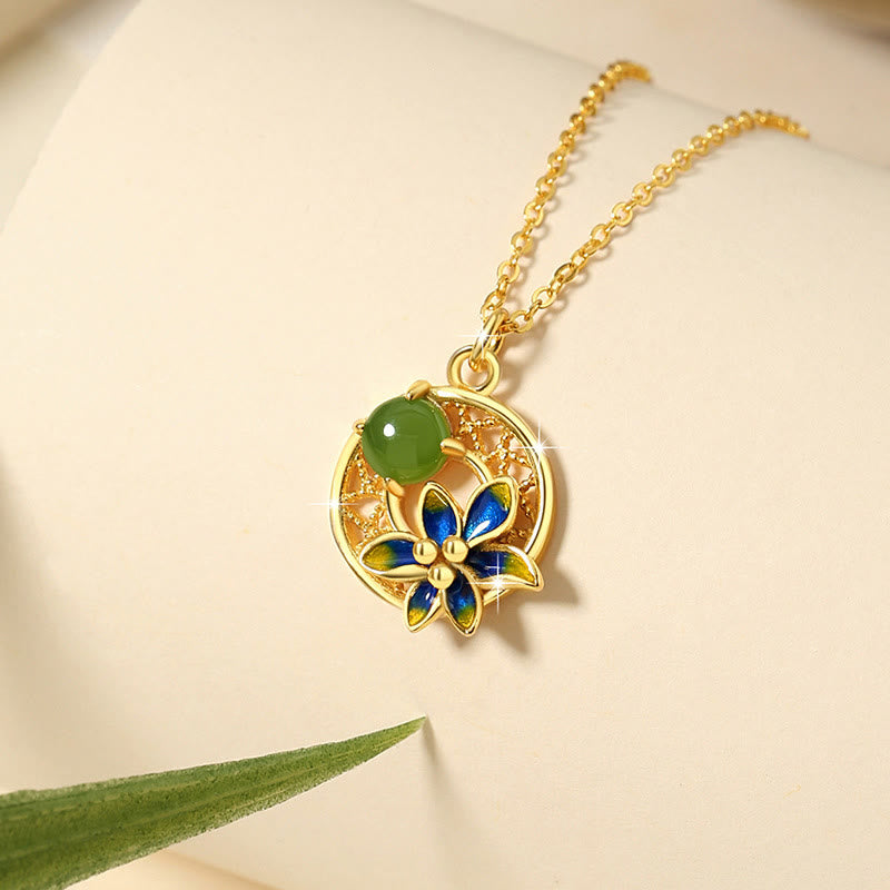 KarmaRipple's 925 Sterling Silver Authentic Hetian Cyan Jade Flower Fortune Pendant Necklace Ring Earrings Set p6