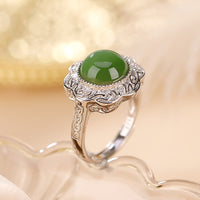 KarmaRipple's 925 Sterling Silver Hetian Cyan Jade Flower Design Fortune Adjustable Ring