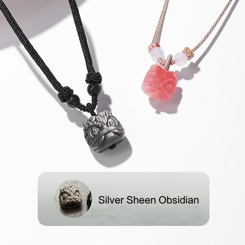 KarmaRipple's Authentic Silver Sheen Obsidian Red Agate Dancing Lion Protection Pendant Necklace p9