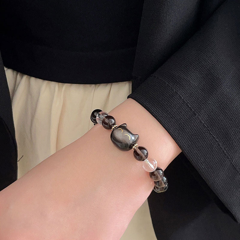 KarmaRipple's Authentic Ice Obsidian Silver Sheen Obsidian Cute Cat Positive Bracelet p5