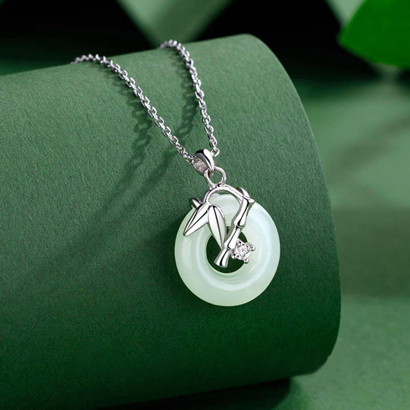 KarmaRipple's 925 Sterling Silver Hetian Jade Bamboo Leaf Peace Buckle Prosperity Pendant Necklace p3