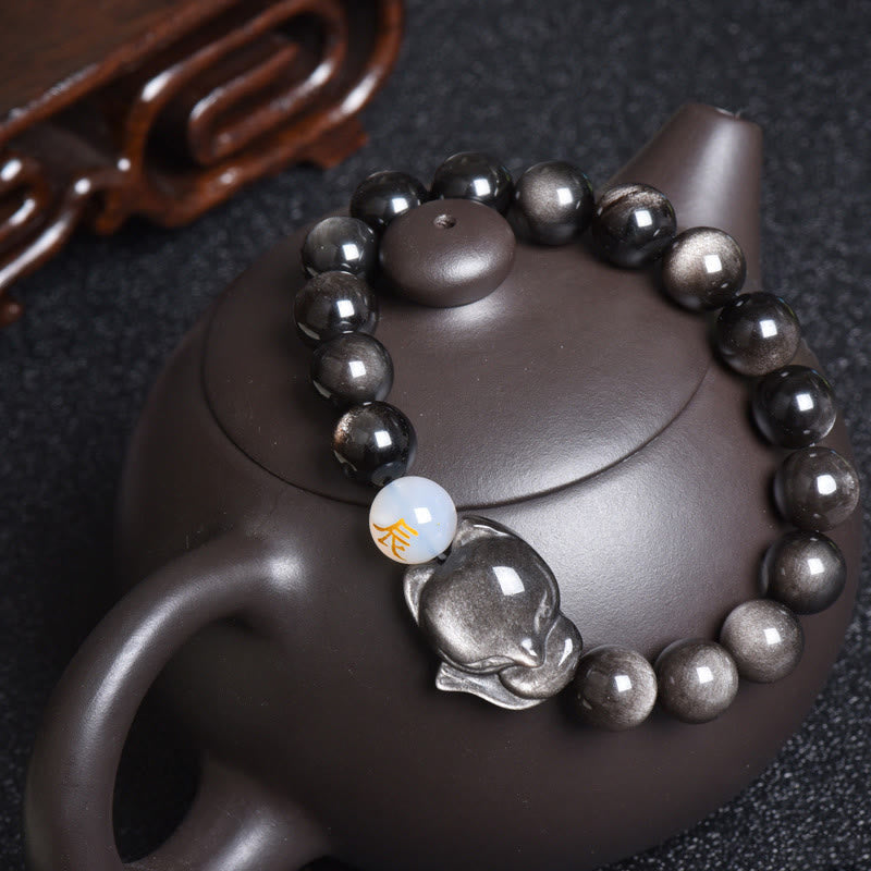 KarmaRipple's Authentic Rainbow Obsidian Gold Sheen Obsidian Silver Sheen Obsidian Fox Balancing Bracelet p57