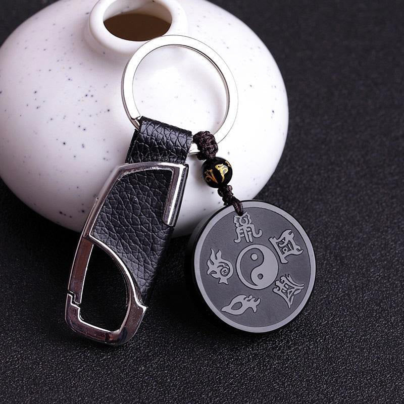 KarmaRipple's Authentic Black Obsidian Taoism Five Sacred Mountains Nine-Character Mantra Carved Strength Yin Yang Pendant Necklace Key Chain p13
