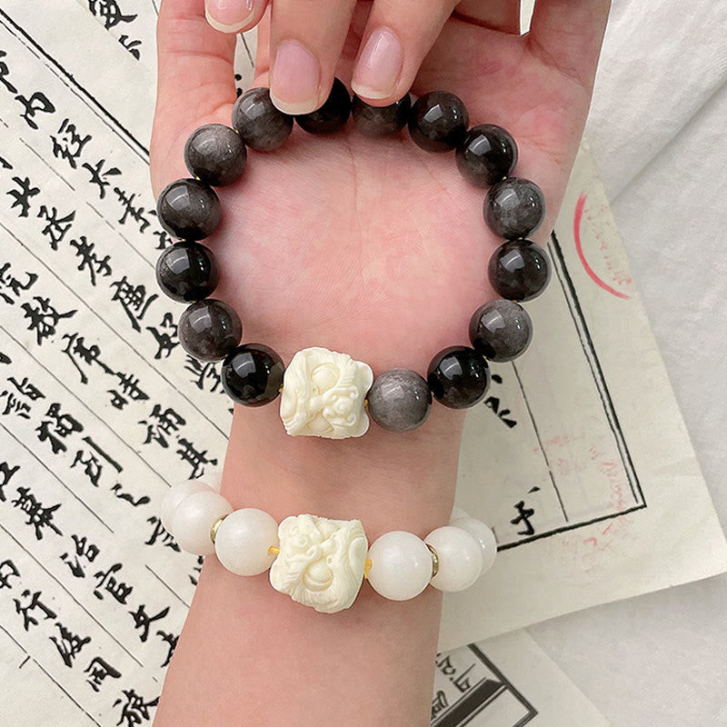 KarmaRipple's Silver Sheen Obsidian Bodhi Seed Ivory Fruit Dancing Lion Protection Bracelet p5