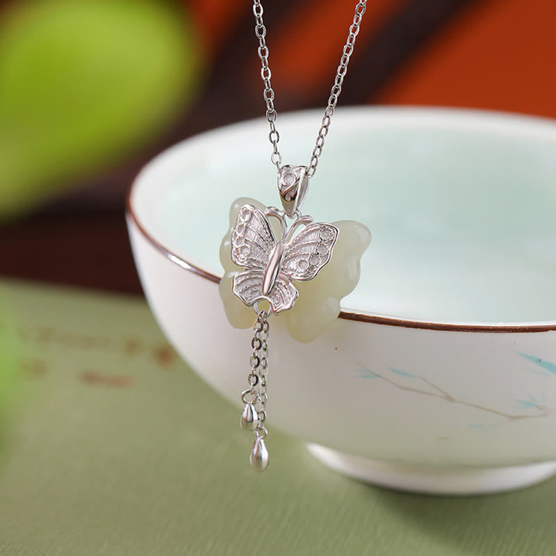 KarmaRipple's 925 Sterling Silver Plated Gold Hetian Ivory Jade Butterfly Blessing Pendant Necklace p9