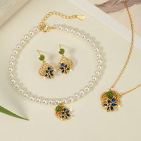 KarmaRipple's 925 Sterling Silver Four Leaf Clover Flower Hetian Cyan Jade Pearl Balancing Pendant Necklace Bracelet Earrings Set