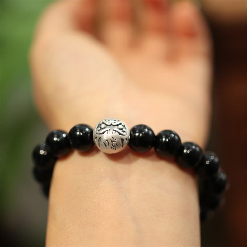 KarmaRipple's 925 Sterling Silver Black Onyx Bead Character Engraved Protection Bracelet p2