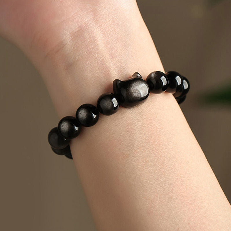 KarmaRipple's Gold Sheen Obsidian Silver Sheen Obsidian Lovely Paw Fortunate Cat Protection Bracelet p26