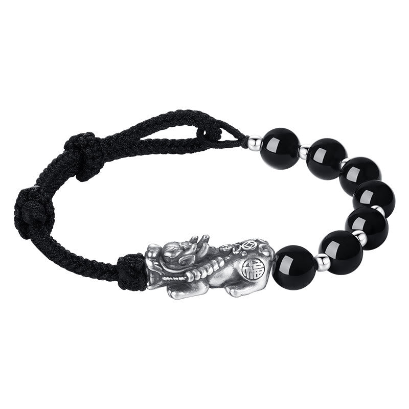 KarmaRipple's 999 Sterling Silver FengShui PiXiu Authentic Black Obsidian 925 Sterling Silver Bead Strength Bracelet p12