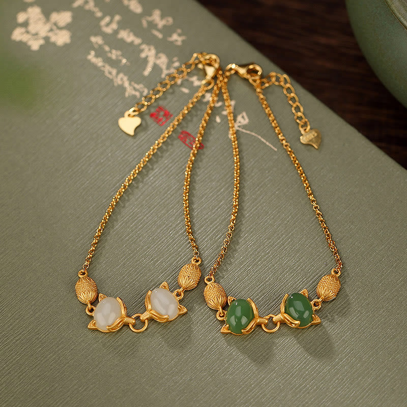 KarmaRipple's 925 Sterling Silver Authentic Hetian Ivory Jade Cyan Jade Lovely Fox Fortune Bracelet p3