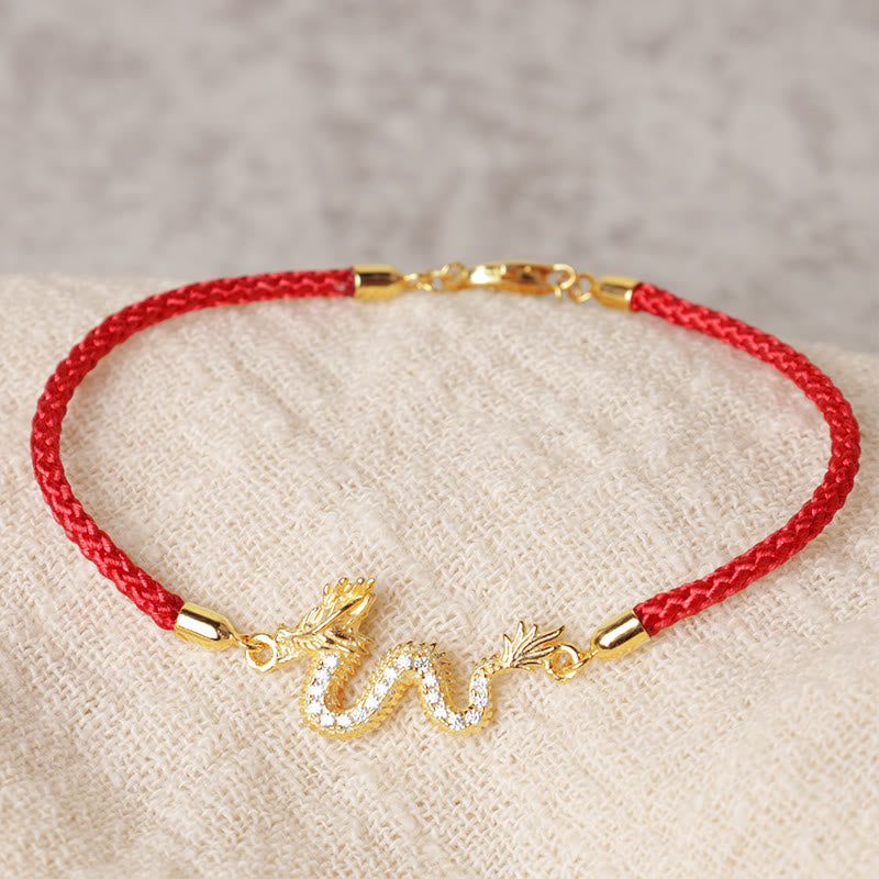 KarmaRipple's 925 Sterling Silver Year Of The Dragon Auspicious Golden Dragon Fortune Red Rope Chain Bracelet ( p4
