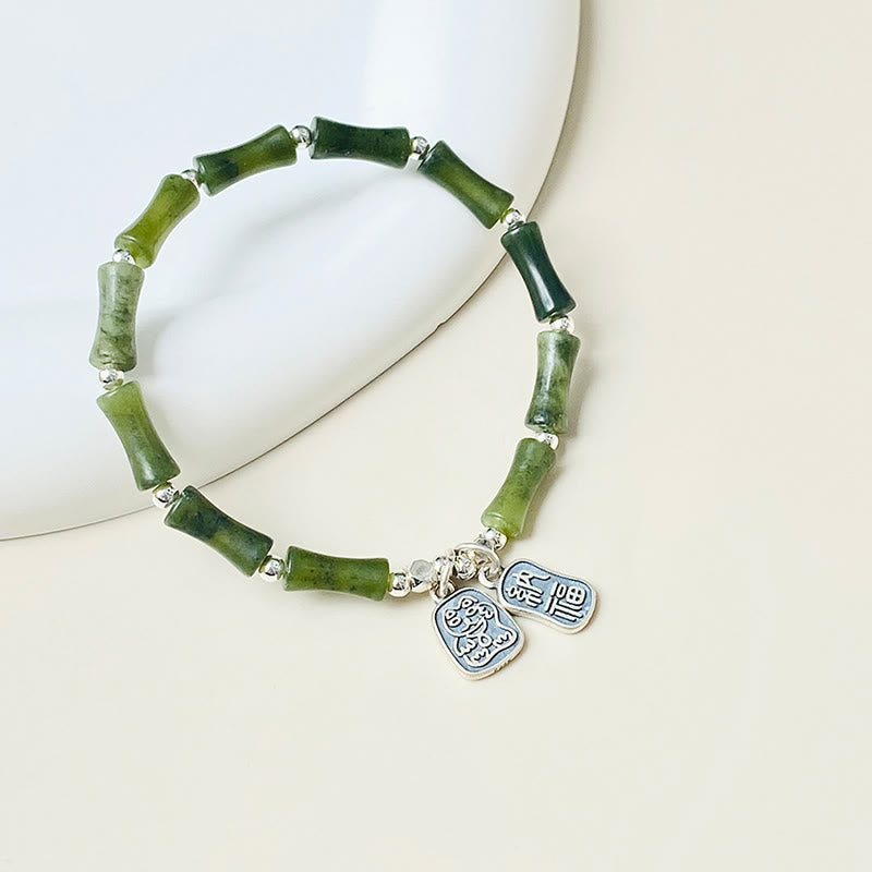KarmaRipple's 925 Sterling Silver Bamboo Jade Fortunate Cat Fu Character Fortune Abundance Bracelet p16