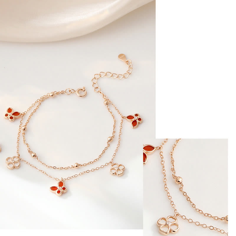 KarmaRipple's 925 Sterling Silver Red Agate Tridacna Stone Butterfly Four Leaf Clover Calm Bracelet Pendant Necklace Set p6