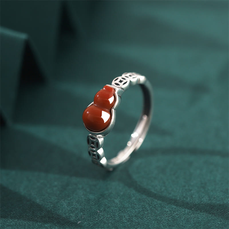 KarmaRipple's 925 Sterling Silver Red Agate Gourd Bronze Coin Self-acceptance Ring p8