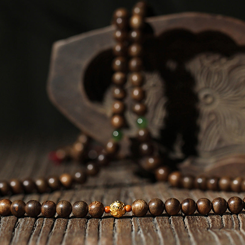 KarmaRipple's 999 Gold 108 Mala Beadwork Kalimantan Agarwood Cyan Jade Six True Words Strength Bracelet p9