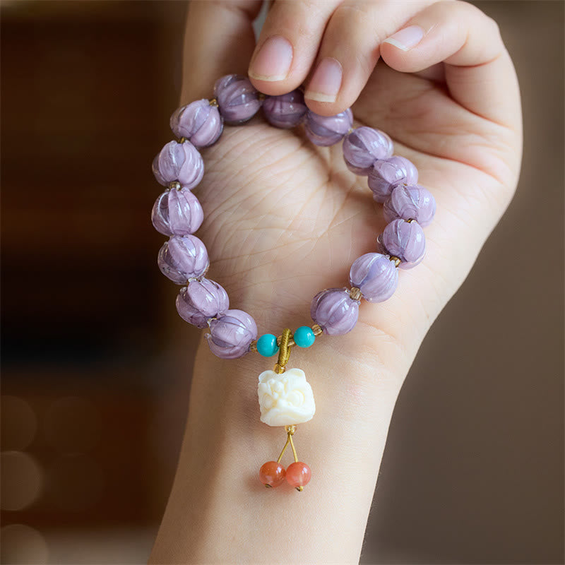 KarmaRipple's Liuli Glass Bead Lotus Design Fluorite Ivory Fruit Dancing Lion Talisman Enlightenment Bracelet p11